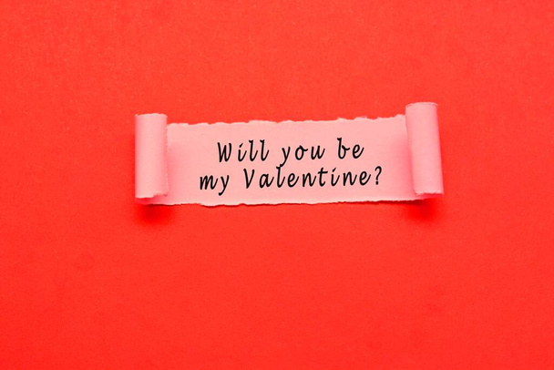 Will you be my valentine label on torn paper with red paper background. Valentine's Day concept - Photo, Image