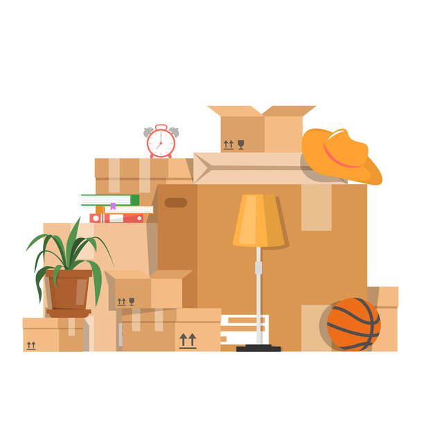 Pile of the boxes with different stuff vector isolated. Brown package for fragile things transportation. Carton boxes. Moving concept. Plant, lamp, books and hat on boxes. - Vector, Image