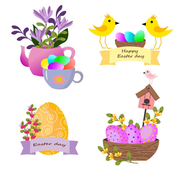 Zestaw ikon z atrybutami dla kurcząt wielkanocnych, jaj, czajniczek z kwiatami i filiżanka.  - Wektor, obraz