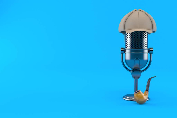 Microfone de rádio com chapéu de detective isolado no fundo azul. ilustração 3d - Foto, Imagem