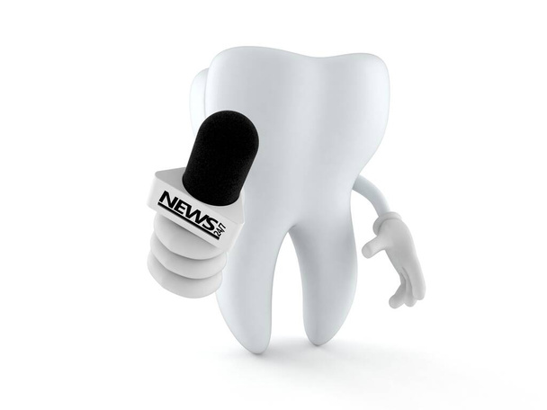 Зубний персонаж, що тримає інтерв'ю мікрофон ізольовано на білому тлі. 3d ілюстрація
 - Фото, зображення
