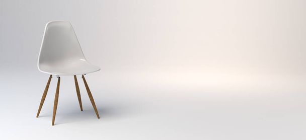 木製の足で白い背景に白い椅子。バナーだ。3Dイラスト. - 写真・画像