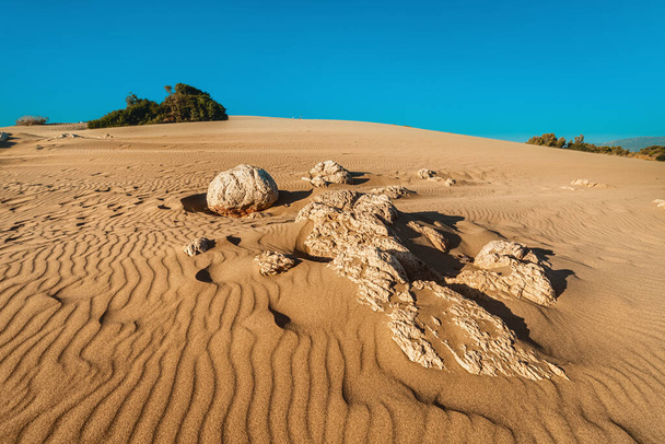 Çöldeki kum tepelerinin ortasında, ön planda mineral kaya çıkıntıları. Şist ve granit jeolojisi veya iklim ısınması kavramı - Fotoğraf, Görsel