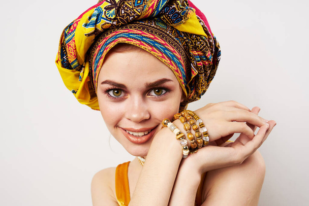 pretty woman decoration oriental clothing multicolored turban fashion makeup - Fotó, kép