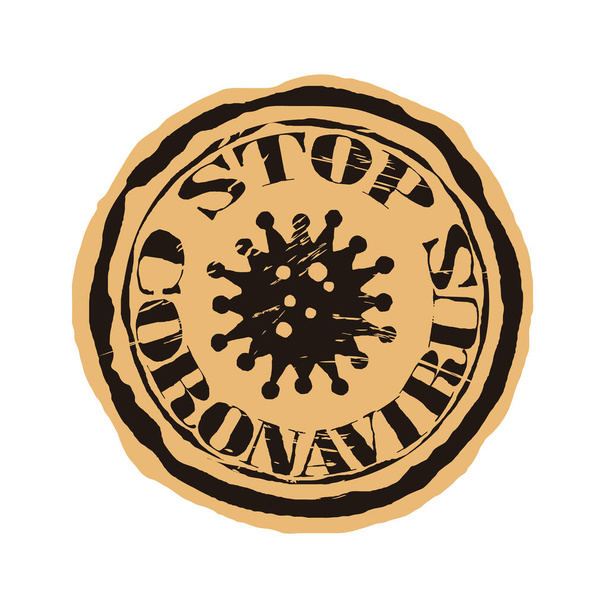 Logotipo de la célula de la molécula del coronavirus en fondo de papel artesanal. COVID-19 vector redondo diseño de emblema de mala calidad. Detengan la imitación del sello redondo del coronavirus. Concepto de brote 2019-nCoV. Sello en estilo grunge antiguo. - Vector, imagen