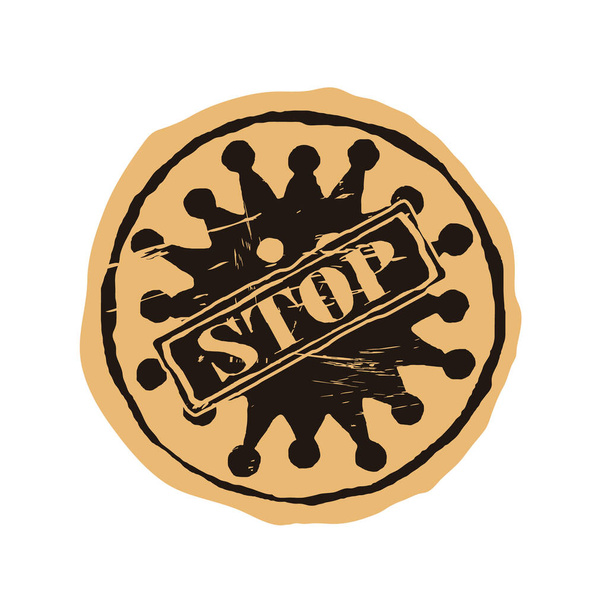 Covid-19 infection sign. Textured seal stamp with STOP text and coronavirus molecule cell. STOP COVID-19 grunge rubber round stamp on craft background. Coronavirus outbreak. 2019-nCoV - ベクター画像