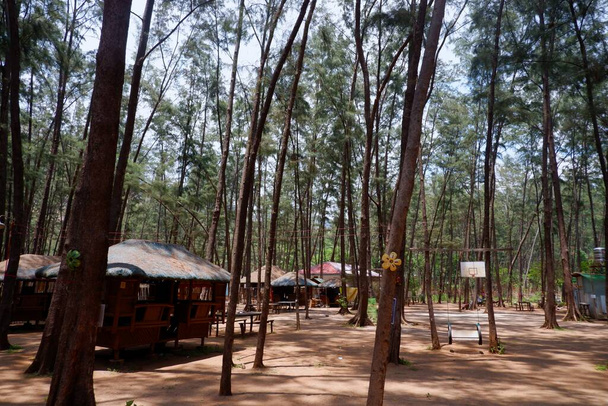 Campingplatz mit Basketballplatz und Bahay Kubo in Anawangin Cove, Pundaquit, San Antonio - Foto, Bild