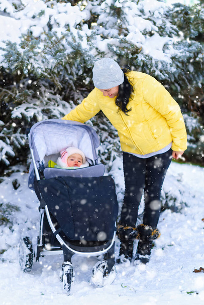 családi portré a téli erdőben, anya és baba, fényes havas fenyők, gyönyörű természet. - Fotó, kép