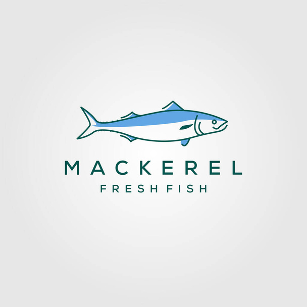 Linie Kunst Fisch Makrele Logo Hipster Vintage Etikett Emblem Vektor Meeresfrüchte Illustration - Vektor, Bild