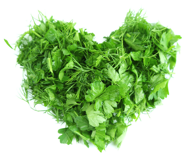 Heart shape of chopped herbs, isolated on white - Фото, зображення