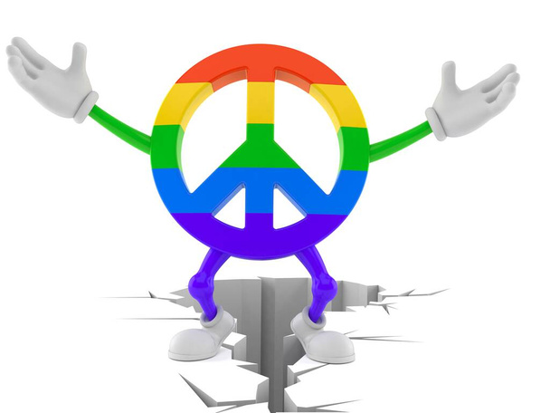Friedenssymbolfigur, die auf rissigem Boden steht, isoliert auf weißem Hintergrund. 3D-Illustration - Foto, Bild