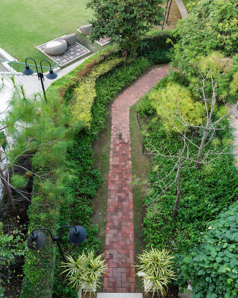 Por encima de ajardinar jardín verde y camino de ladrillo en el patio trasero - Foto, Imagen