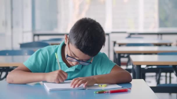 Σοβαρός σκληρά εργαζόμενος μαθητής αγόρι φορώντας γυαλιά - Πλάνα, βίντεο