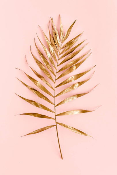 Gold tropical palm leaves on pink background. Flat lay, top view minimal concept. - Fotoğraf, Görsel