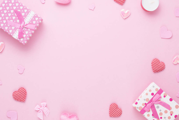 Gift box and pink heart on paper background with copy space for love wedding or valentines day. - 写真・画像