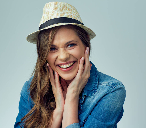 Face portrait of laughing woman wearing hat. isolated female person portrait. - Φωτογραφία, εικόνα
