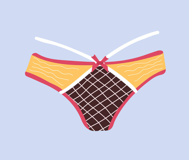 Trendy female panties. Cute colorful panty with bow and lace. Home nightclothes. Modern hand drawn undergarments. Vintage vector illustration in flat cartoon style. Suitable for logo, icon, banner - Vector, Image