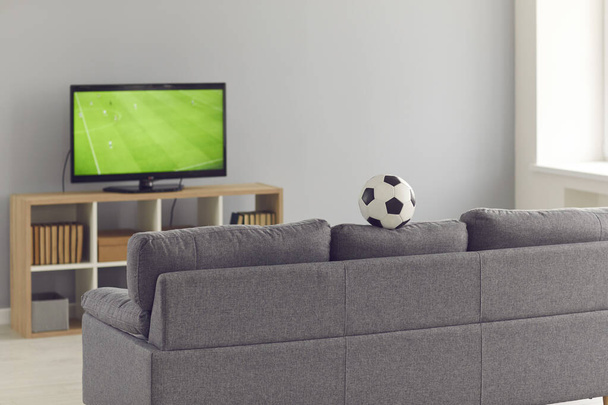 Modern living-room with a gray couch and a television set with a soccer match on - Fotografie, Obrázek