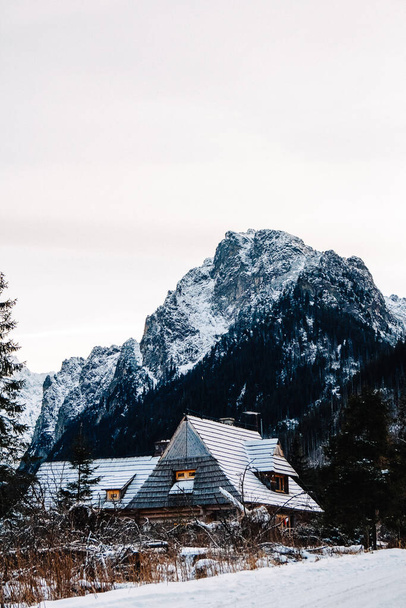 Paisagem de inverno de uma casa de madeira em um fundo de floresta coberta de neve e montanhas. Lugar para texto ou publicidade. - Foto, Imagem