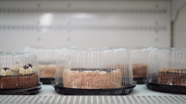 Showcase s lahodnými dorty zabalené v průhledných plastových nádobách v supermarketu zblízka. Ženská ruka vezme krabici s dezertem - Záběry, video