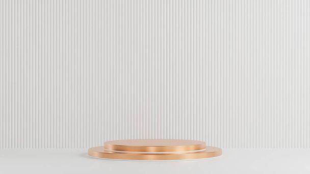 Pódio de círculo dourado para apresentação do produto em fundo de parede de ripas brancas estilo mínimo., modelo 3d e ilustração. - Foto, Imagem