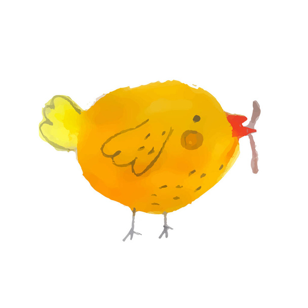 Αστείο κίτρινο κοτόπουλο με ένα σκουλήκι στο ράμφος του. Εικονογράφηση φορέα υδατογραφίας. Πάσχα διακοπές. Μεμονωμένα. - Διάνυσμα, εικόνα