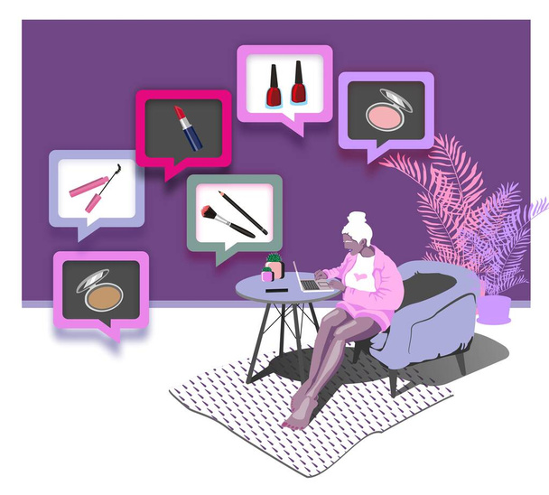 Женщина дома в карантине. Девушка в кресле с ноутбуком делает покупки онлайн. Векторная плоская иллюстрация - Вектор,изображение