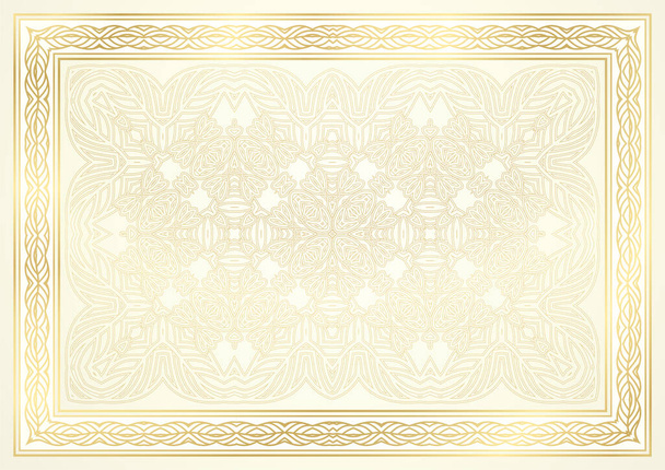 Gold elegant background with golden border (frame), curve pattern with fine line ornament. Premium template for certificate, invite, diploma - Photo, Image