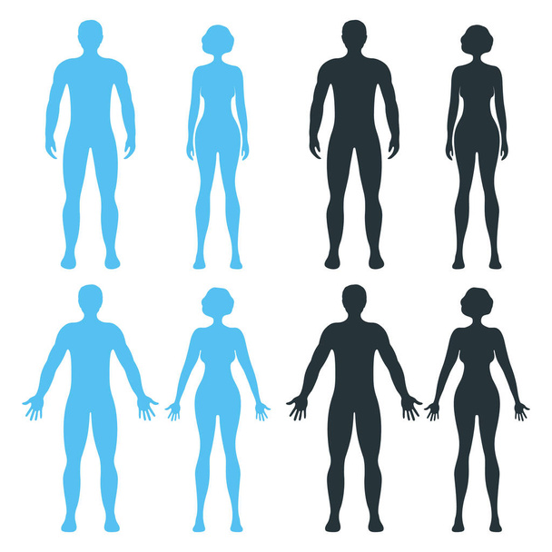 Mužský a ženský lidský charakter, lidé muž žena vpředu a pohled boční tělo silueta, izolované na bílém, ploché vektorové ilustrace. Black and blue manekýn lidé měřítko koncept. - Vektor, obrázek