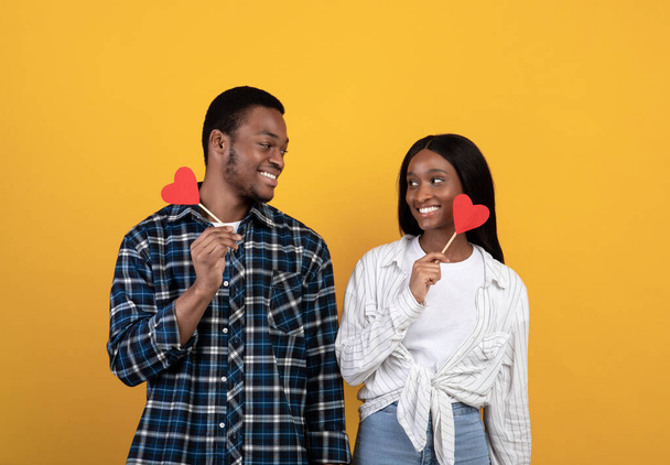 Día de San Valentín, amor, romance y relaciones. Sonrientes jóvenes afroamericanos hombres y mujeres se miran entre sí - Foto, imagen