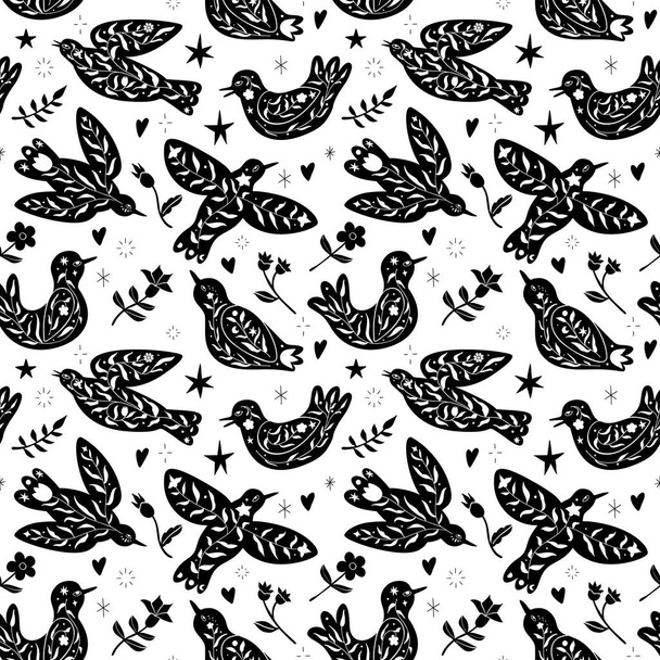 Floral bird seamless pattern. Minimal hand drawn folk style. Vector doodle texture with   flying birds and flower branches. Good for cosmetics, beauty, tattoo, Spa, social media. Black on white - Wektor, obraz
