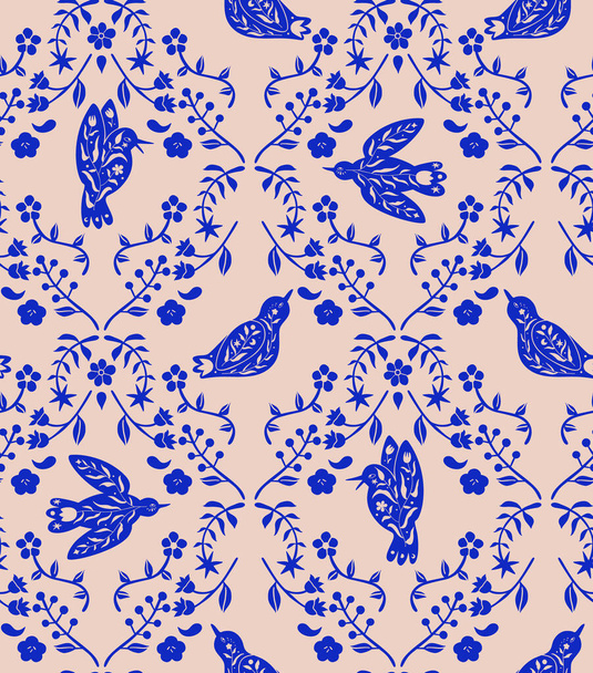 Floral bird seamless pattern. Minimal hand drawn folk style. Vector doodle texture with  folk flying birds and floral branches. Good for cosmetics, beauty, tattoo, Spa, social media. Blue on pink - Vektör, Görsel