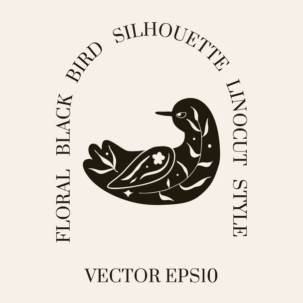 Black floral bird silhouette in a minimal hand drawn folk style. Vector doodle logotype with organic textured flying bird and flower branch. Good for cosmetics, beauty, tattoo, Spa, social media - Vektör, Görsel
