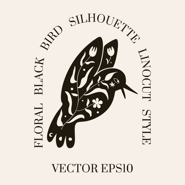 Black floral bird silhouette in a minimal hand drawn folk style. Vector doodle logotype with organic textured flying bird and flower branch. Good for cosmetics, beauty, tattoo, Spa, social media - Vektör, Görsel
