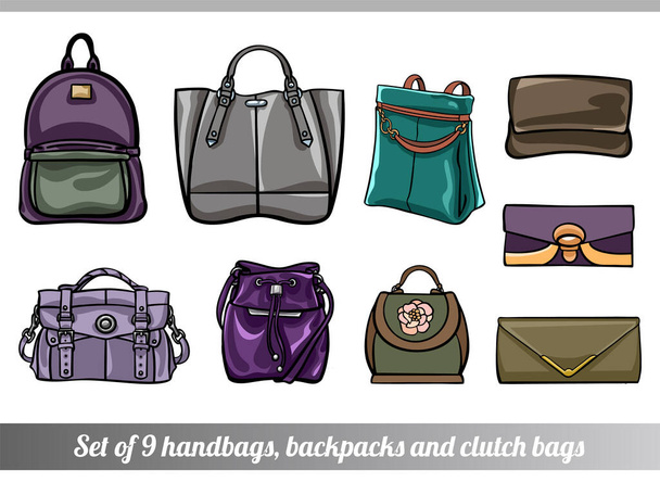 Collection set of 9 illustrations of stylish autumn bags in various sizes, types and shapes, in different colors, in hand drawn style for custom design, print, pattern, stickers. - Vector, Image