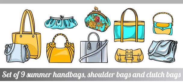 Collection of 9 stylish female summer illustrations of bags of various sizes, types and shapes, in yellow and clue colors, in hand drawn style for custom design, print, pattern, stickers. - Vector, Image