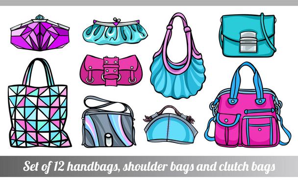 Kolekce 12 ilustrací stylových dámských tašek v různých velikostech, typech a tvarech, v azurové a růžové barvě, ručně kreslený styl pro vlastní design, potisk, vzor, samolepky. - Vektor, obrázek
