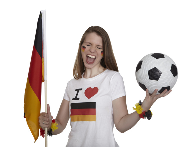 Alman bayrağı ve futbol kadın gösterir - Fotoğraf, Görsel