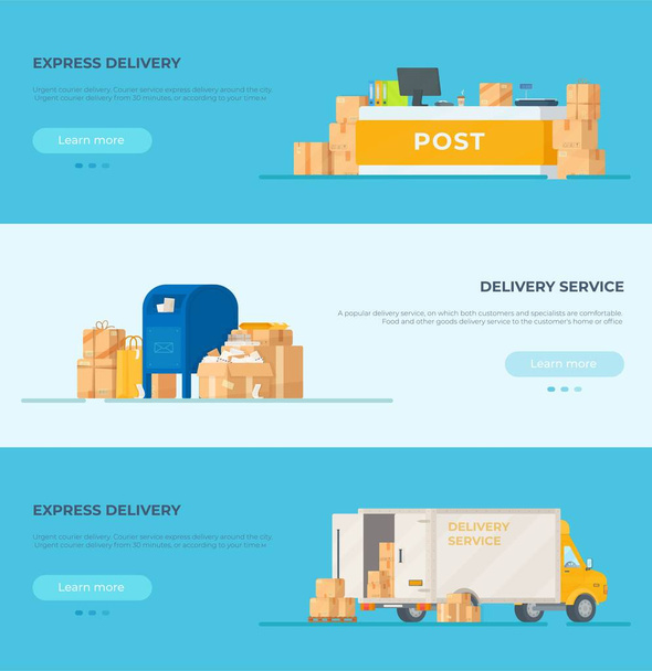 Poster of a mailing site. Vector illustration of parcels. Order delivery.Car, box, post office.  - Vector, Image