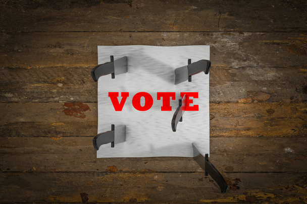 Kawałek papierowego głosowania jest przybity nożami demonstrującymi protestujące wybory lub wściekłego wyborcę lub koncepcję. 3D ilustracja - Zdjęcie, obraz