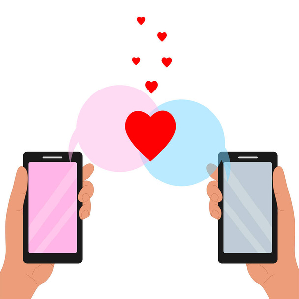  Ik stuur liefdesboodschap concept. Smartphone in de hand met berichtbellen. Twee smartphones. Een met een blauw scherm, de andere met een roze scherm. Witte achtergrond. Rode harten. Vectorillustratie - Vector, afbeelding