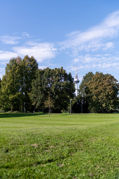 Wahrzeichen des Fernsehturms, fernsehturm in mannheim, baden-wuerttemberg, deutschland an einem bewölkten tag von weitem mit ein paar grünen ebenen davor - Foto, Bild