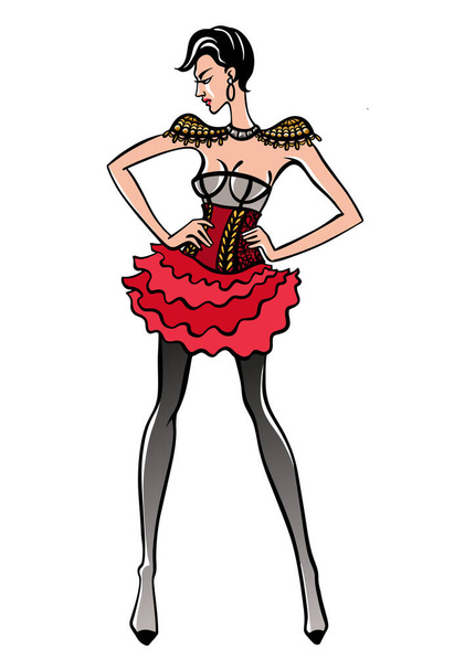 Модная иллюстрация молодой красивой девушки-модели в костюме испанского стиля с юбкой в красном и черном цветах. Чертеж на белом фоне, изолированный, для индивидуального дизайна и печати. - Вектор,изображение