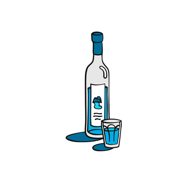 Vodka fles en glas gesuperponeerde omtrek pictogram op witte achtergrond. Gekleurde cartoon schets grafisch ontwerp. Doodle stijl. Handgetekende afbeelding. Feestdrank concept. Vrijstaande tekenstijl - Vector, afbeelding