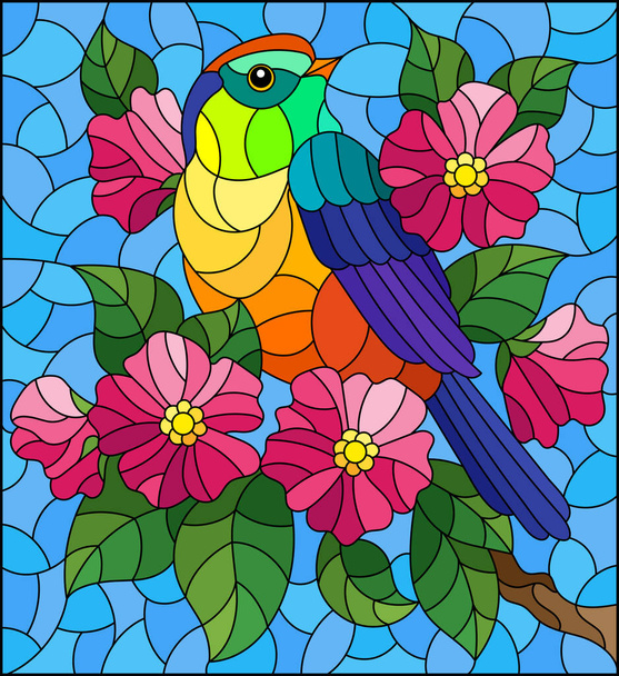 Kuvitus tyyliin lasimaalauksia kaunis kirkas lintu taustalla haara puun vaaleanpunaisia kukkia ja taivas, suorakulmainen kuva - Vektori, kuva