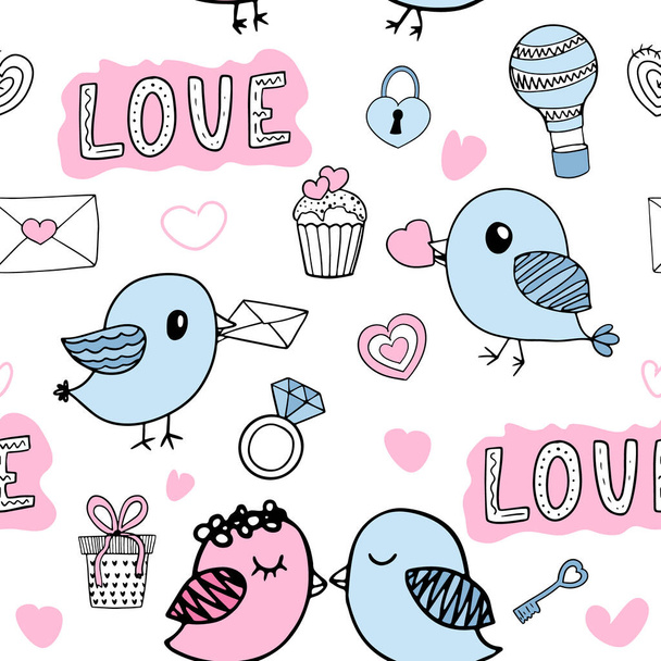 Cute love romantic seamless pattern with doodle elements. Good for wallpaper, pattern fills, web page background,surface textures. Vector illustration - Vektor, obrázek