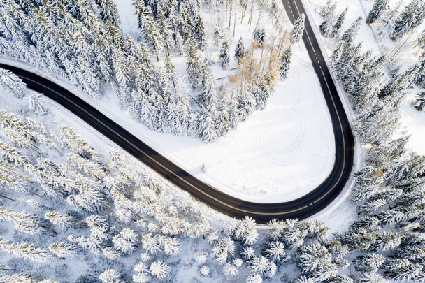 Kış Harikalar Diyarı. Beyaz Noel Ormanı 'ndaki kış yolu insansız hava aracı manzaralı. Yolu olan parlak bir manzara. - Fotoğraf, Görsel