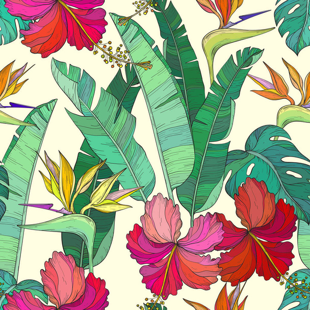 Seamless pattern with Tropical palm leaves and hibiscus, bird of paradise flowers, jungle plants. - Vector, Image