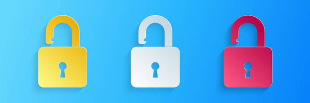 Paper cut Open padlock icon isolated on blue background. Opened lock sign. Cyber security concept. Digital data protection. Safety safety. Paper art style. Vector. - Vector, Image