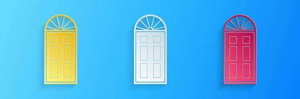 Paper cut Closed door icon isolated on blue background. Paper art style. Vector. - Vector, Image